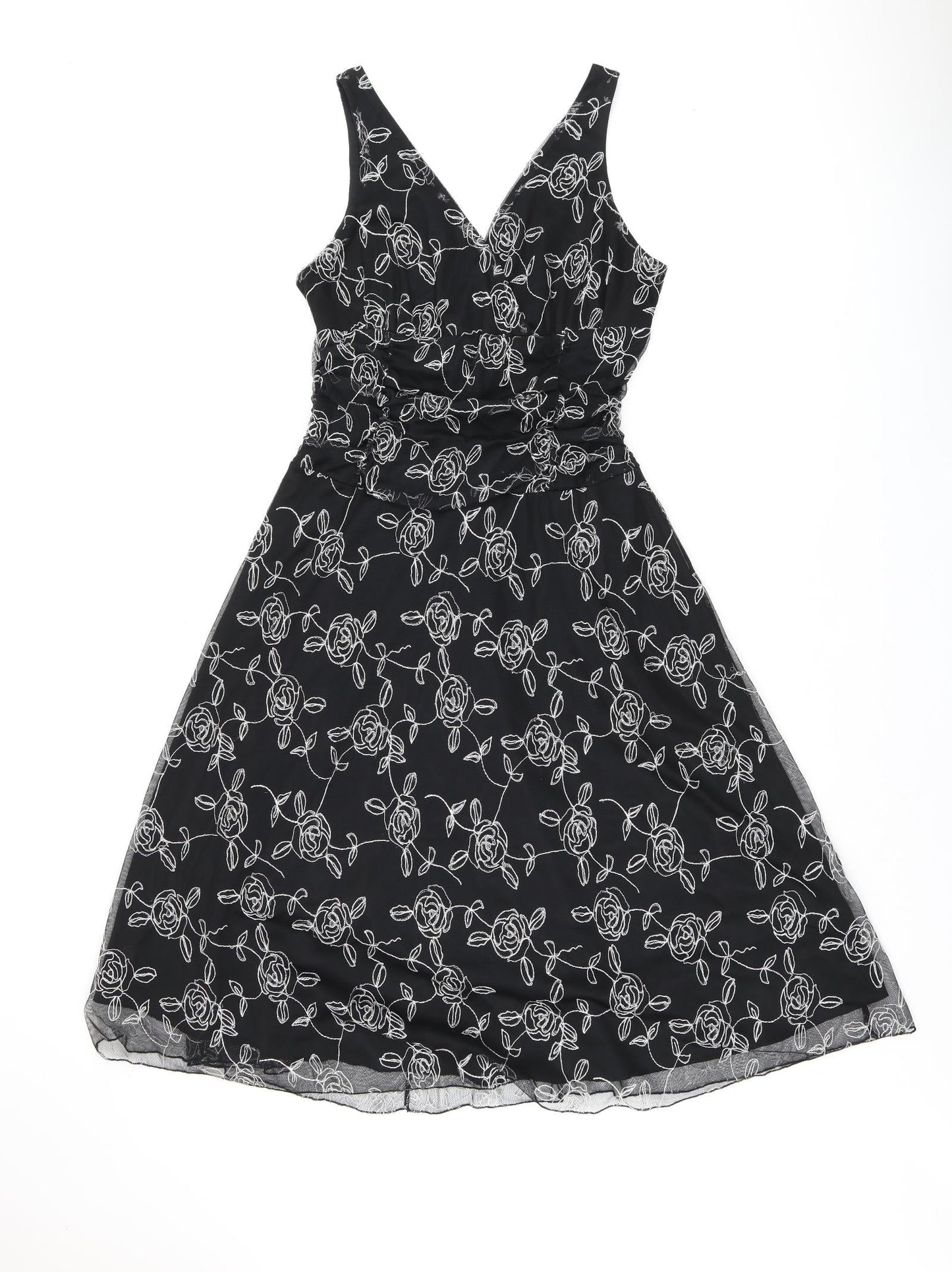 BHS Womens Black Floral Polyester A-Line Size 14 V-Neck Pullover