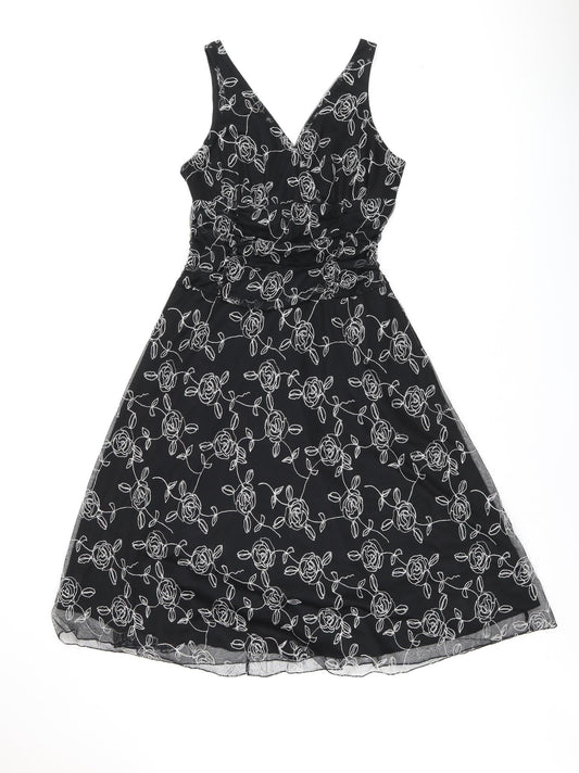 BHS Womens Black Floral Polyester A-Line Size 14 V-Neck Pullover