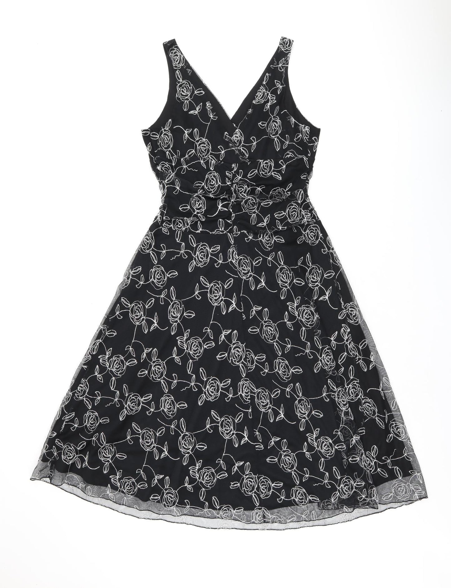 BHS Womens Black Floral Polyester A-Line Size 14 V-Neck Pullover