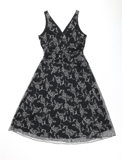 BHS Womens Black Floral Polyester A-Line Size 14 V-Neck Pullover