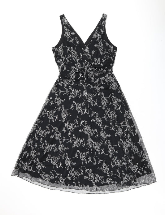 BHS Womens Black Floral Polyester A-Line Size 14 V-Neck Pullover