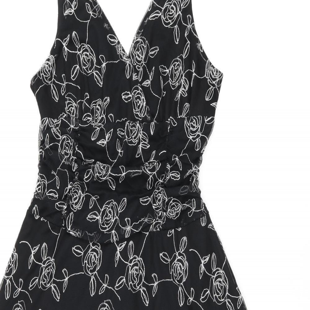 BHS Womens Black Floral Polyester A-Line Size 14 V-Neck Pullover