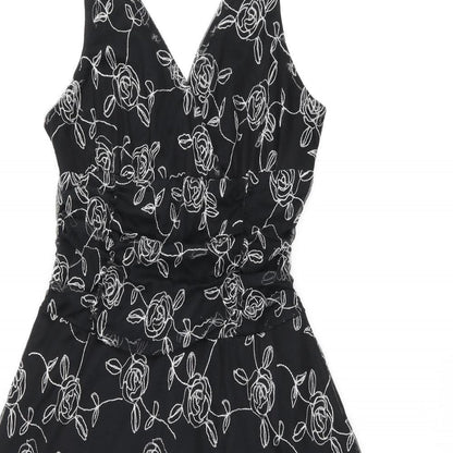 BHS Womens Black Floral Polyester A-Line Size 14 V-Neck Pullover