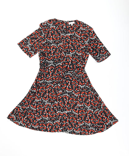 Warehouse Womens Black Geometric Polyester A-Line Size 12 Round Neck Zip - Belted
