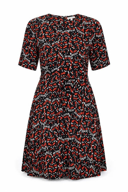 Warehouse Womens Black Geometric Polyester A-Line Size 12 Round Neck Zip - Belted