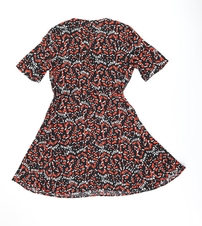 Warehouse Womens Black Geometric Polyester A-Line Size 12 Round Neck Zip - Belted