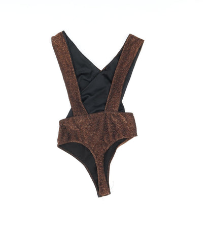 Edge Street Womens Brown Polyester Bodysuit One-Piece Size 10 Snap - Glitter Detail Open Back