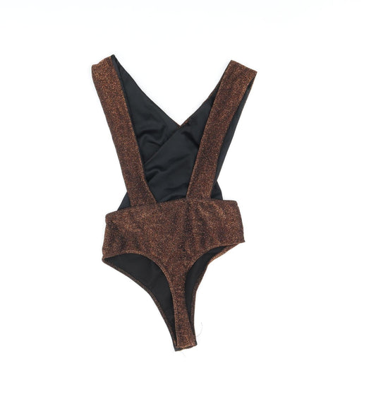Edge Street Womens Brown Polyester Bodysuit One-Piece Size 10 Snap - Glitter Detail Open Back