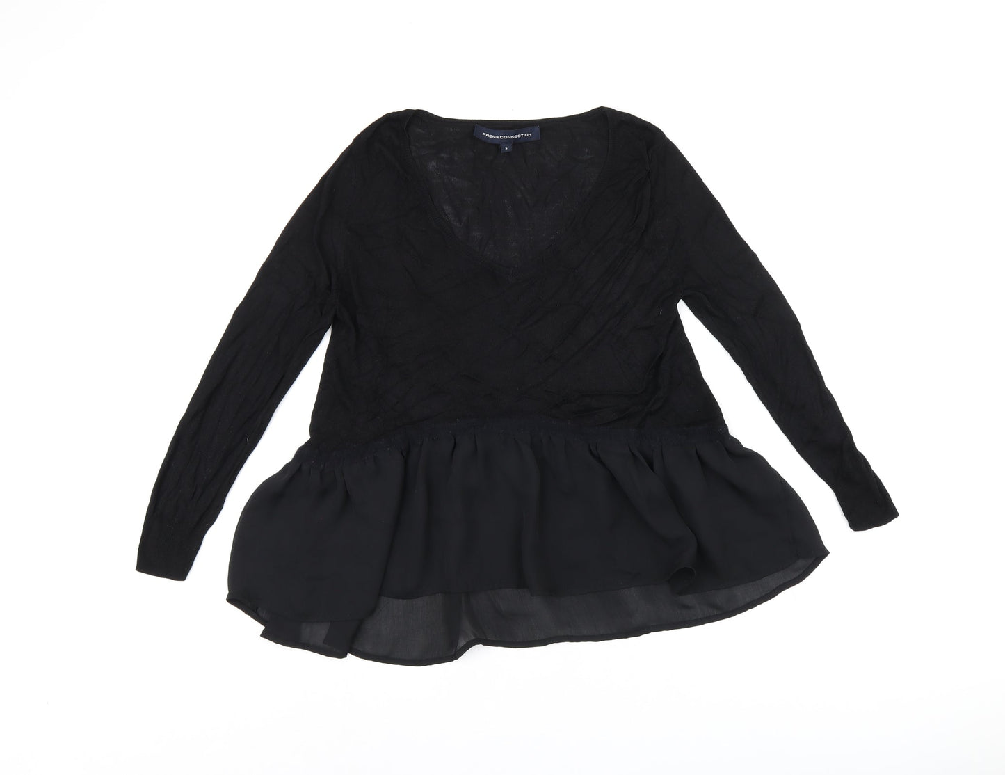 French Connection Womens Black Polyester Basic T-Shirt Size S V-Neck