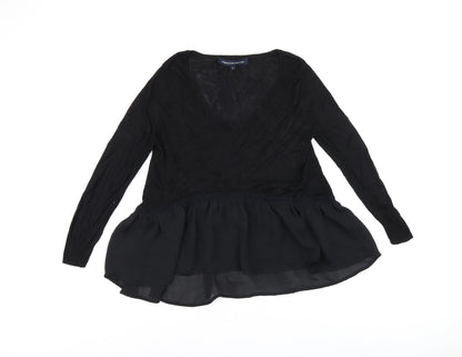 French Connection Womens Black Polyester Basic T-Shirt Size S V-Neck