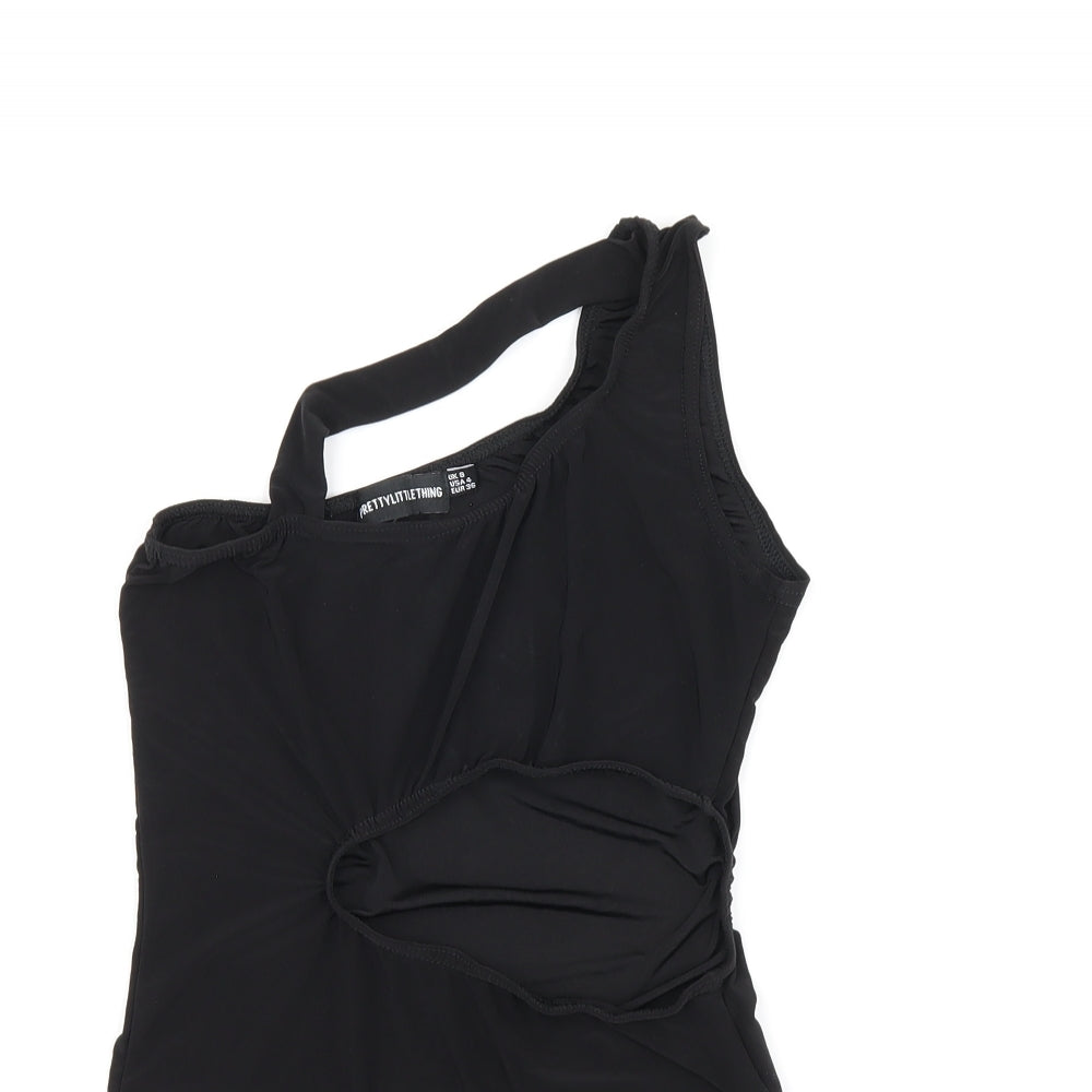 PRETTYLITTLETHING Womens Black Polyester Bodysuit One-Piece Size 8 Snap - Cut Out Detail