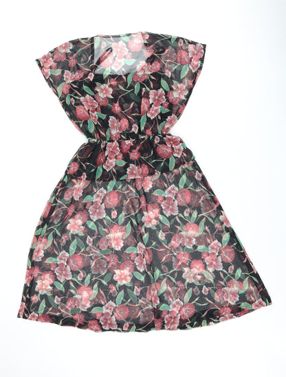 Vivienne Lawrence Womens Black Floral Polyester A-Line Size 12 Square Neck Pullover - Sheer