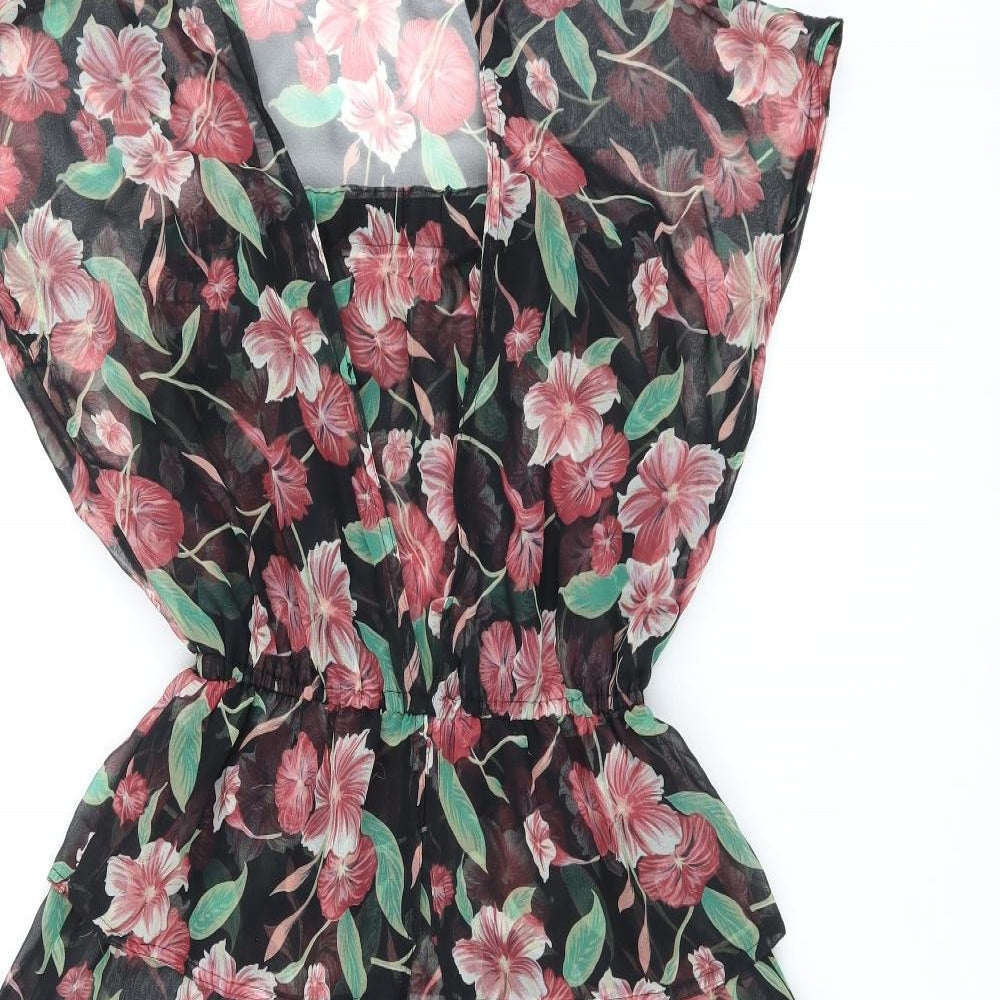 Vivienne Lawrence Womens Black Floral Polyester A-Line Size 12 Square Neck Pullover - Sheer