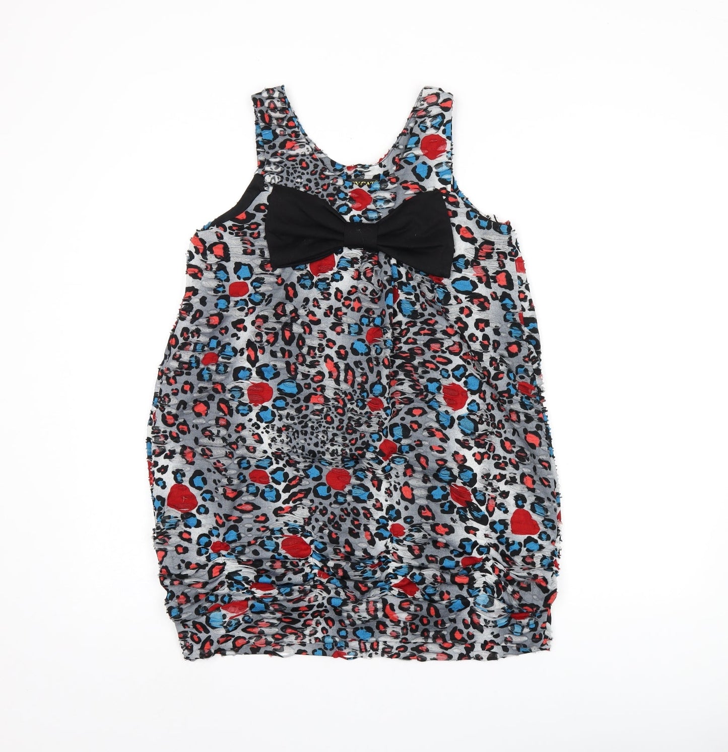 PussyCat Womens Grey Animal Print Cotton Basic Tank Size M Round Neck - Ripped Detail, Leopard Print and Bow