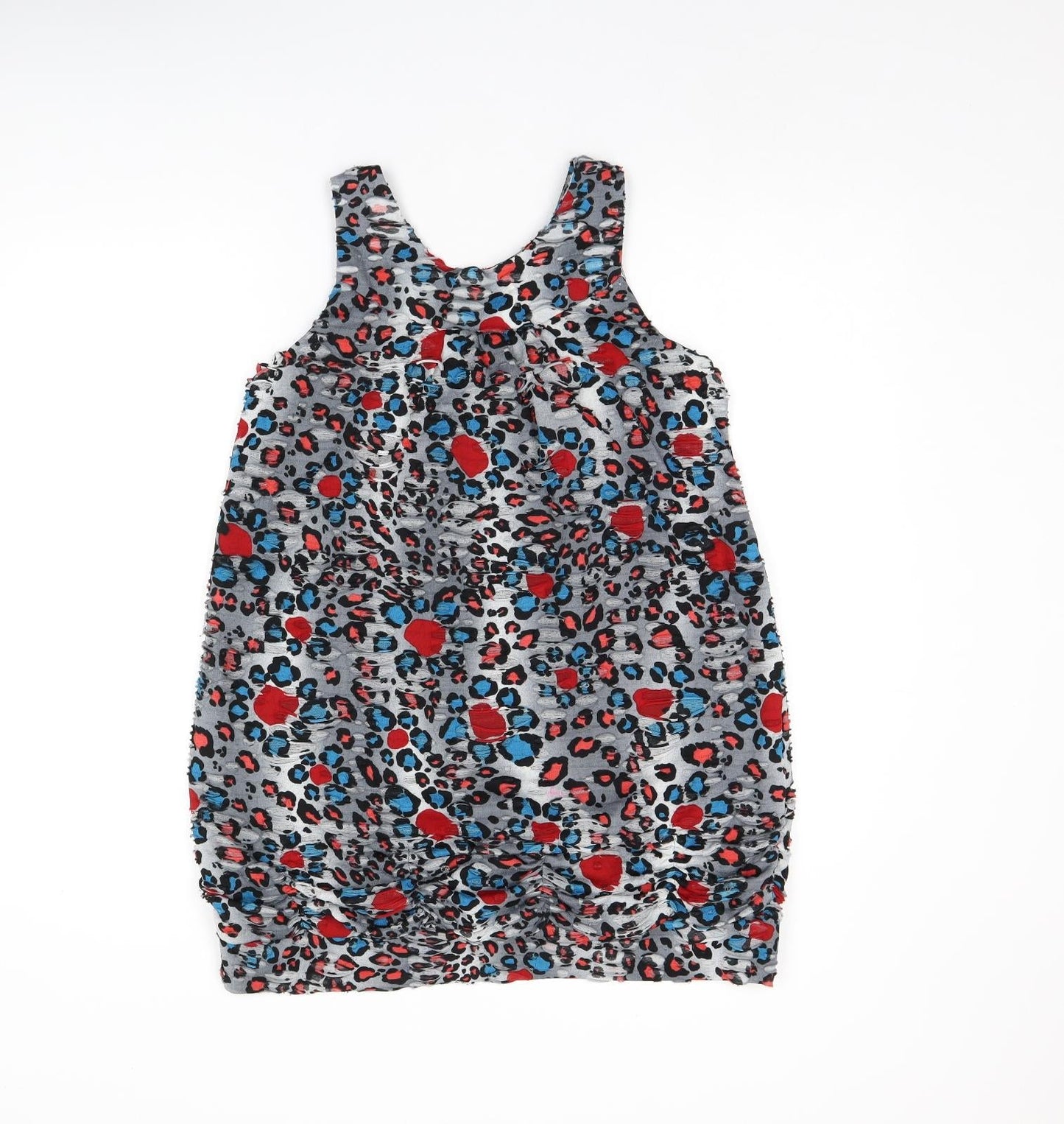 PussyCat Womens Grey Animal Print Cotton Basic Tank Size M Round Neck - Ripped Detail, Leopard Print and Bow