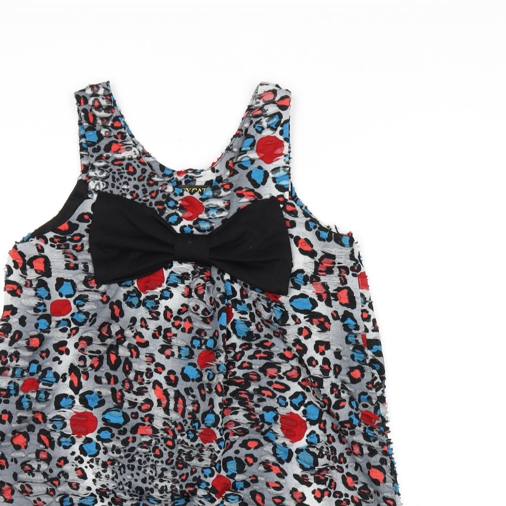 PussyCat Womens Grey Animal Print Cotton Basic Tank Size M Round Neck - Ripped Detail, Leopard Print and Bow