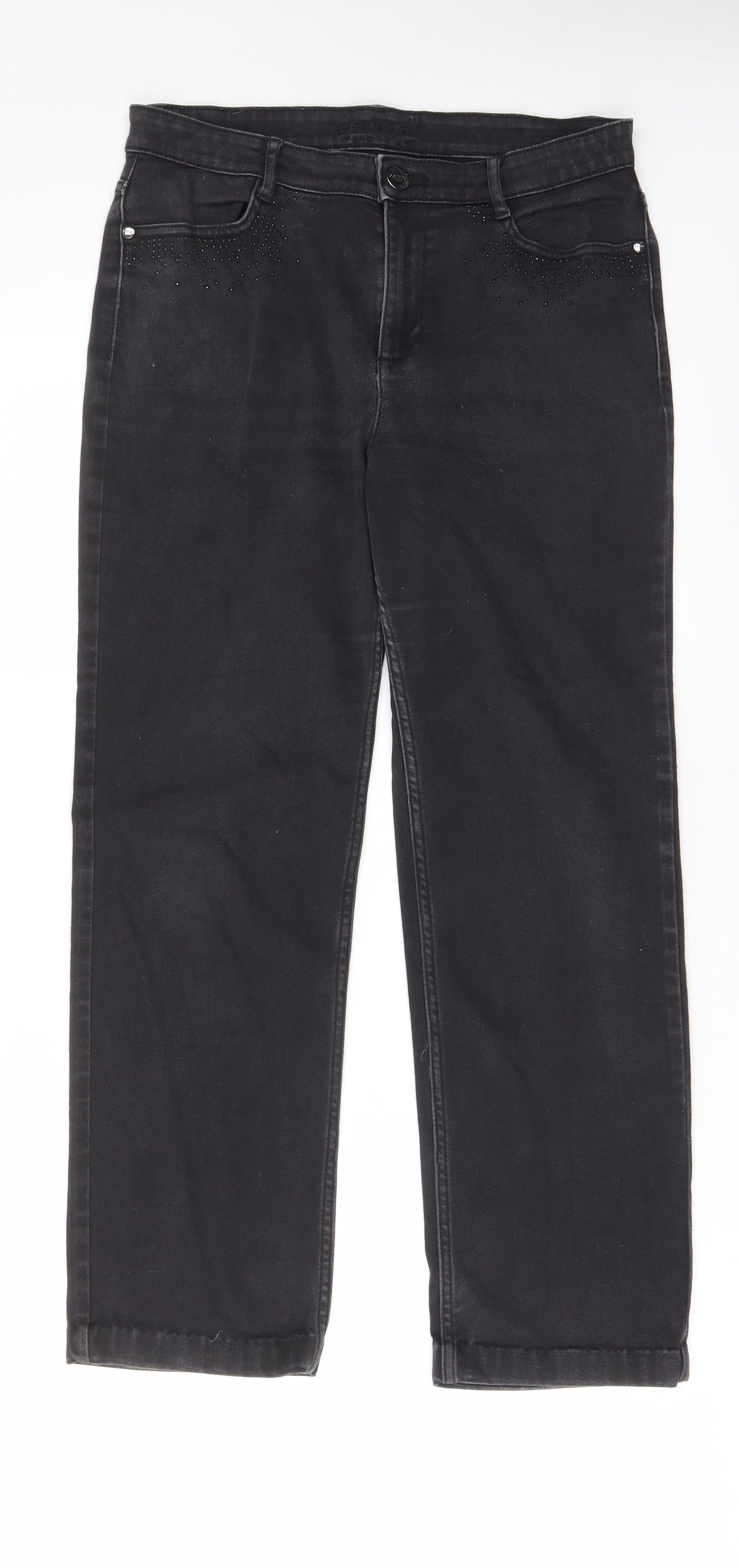 Per Una Womens Grey Cotton Straight Jeans Size 12 L27 in Regular Zip - Pockets, Studded