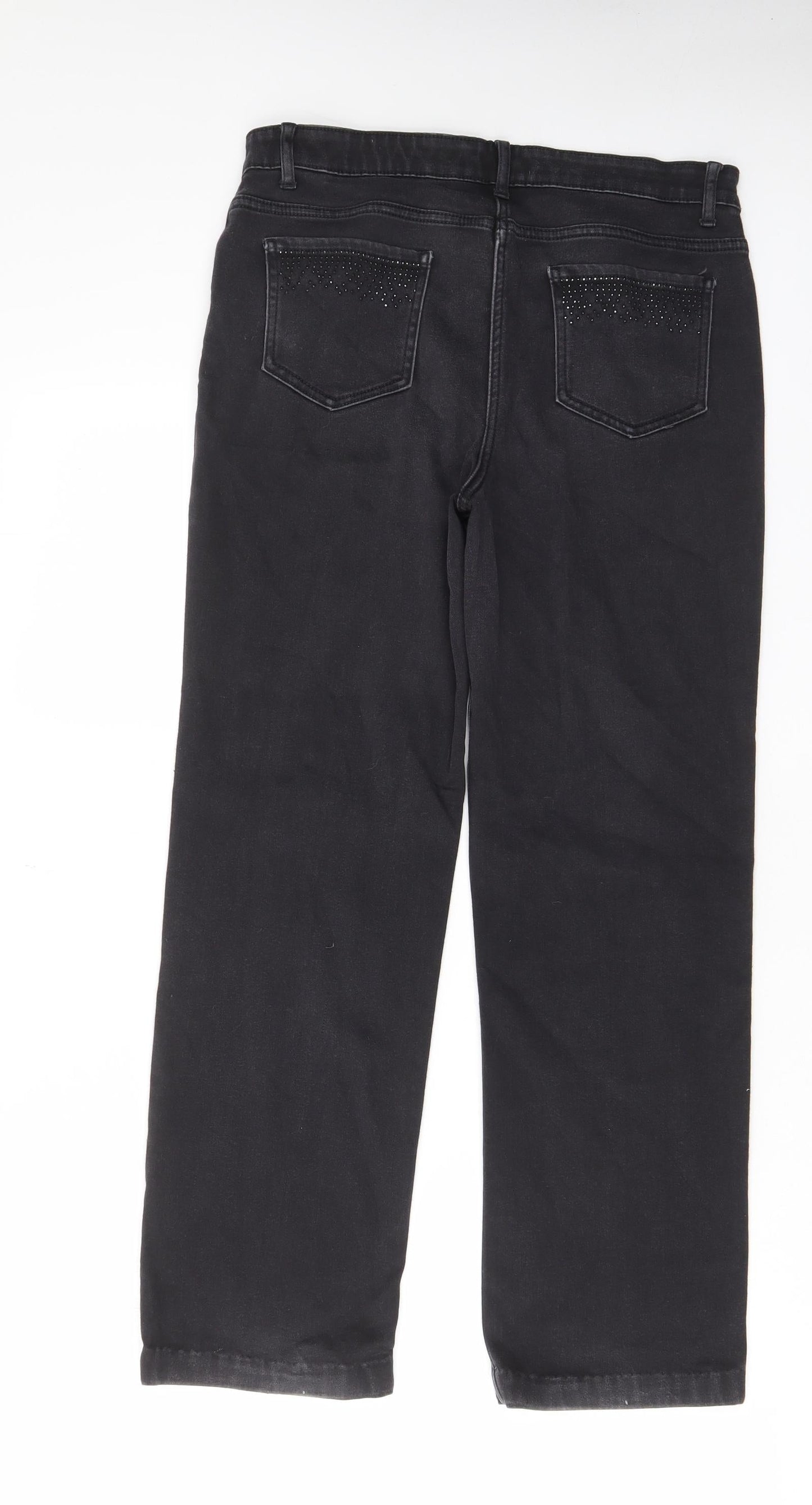 Per Una Womens Grey Cotton Straight Jeans Size 12 L27 in Regular Zip - Pockets, Studded