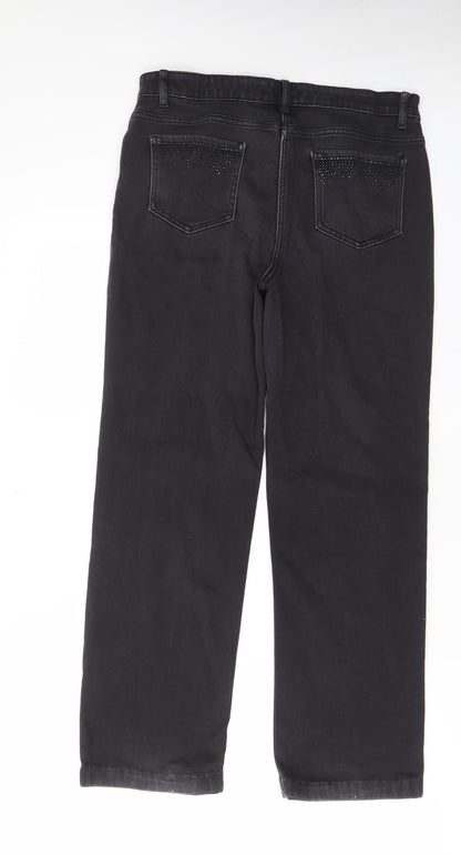 Per Una Womens Grey Cotton Straight Jeans Size 12 L27 in Regular Zip - Pockets, Studded