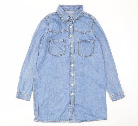 Denim & Co. Womens Blue Cotton A-Line Size 10 Collared Button - Pockets