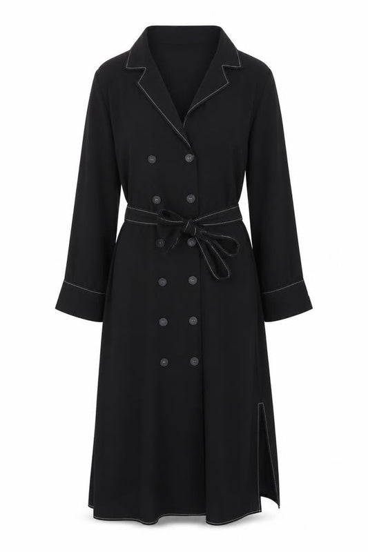 Front view of Red Herring women’s black polyester shirt dress, size UK 8, v-neck button