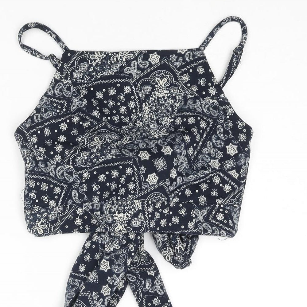 Unique 21 Womens Blue Paisley Polyester Cropped Blouse Size XS Square Neck