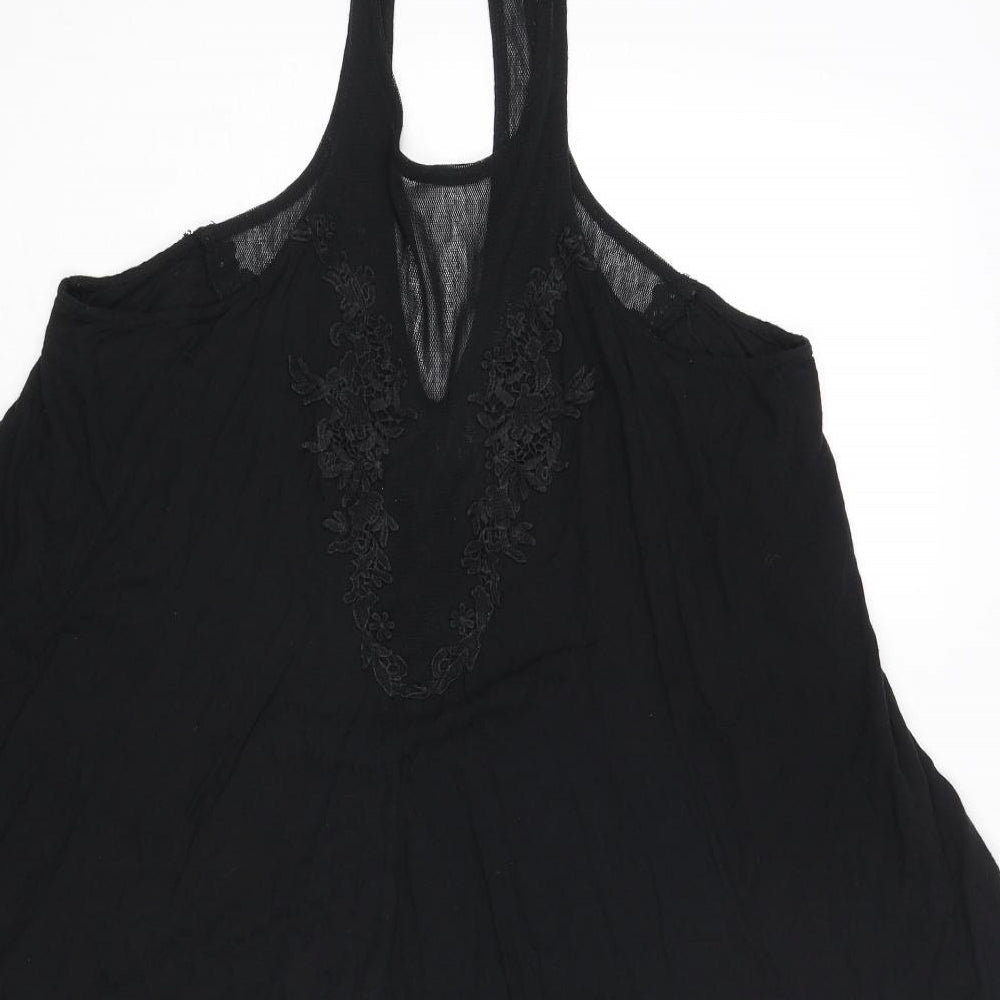 Out From Under Womens Black Polyester Playsuit One-Piece Size M Button - Floral Embroidery