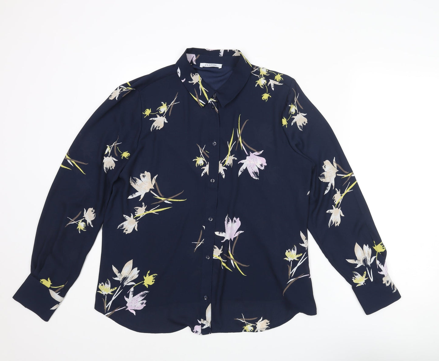 Classic Womens Blue Floral Polyester Basic Button-Up Size 16 Collared