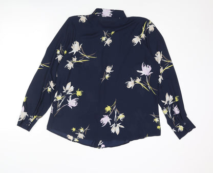 Classic Womens Blue Floral Polyester Basic Button-Up Size 16 Collared
