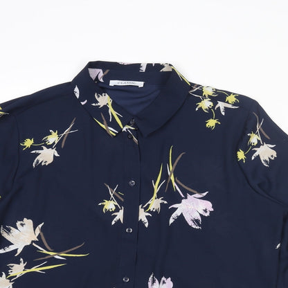 Classic Womens Blue Floral Polyester Basic Button-Up Size 16 Collared