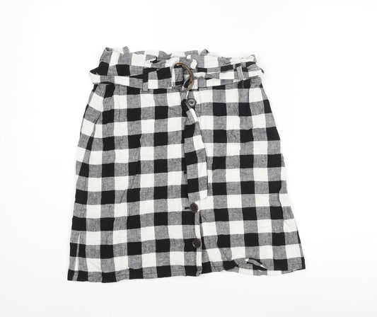 ASOS Womens Black Check Polyester A-Line Skirt Size 8 Button - Belted