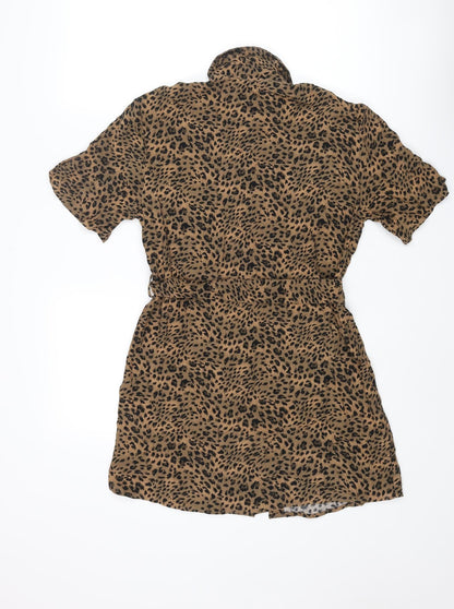 Topshop Womens Brown Animal Print Viscose Shirt Dress Size 4 Collared Button - Belted Leopard Print