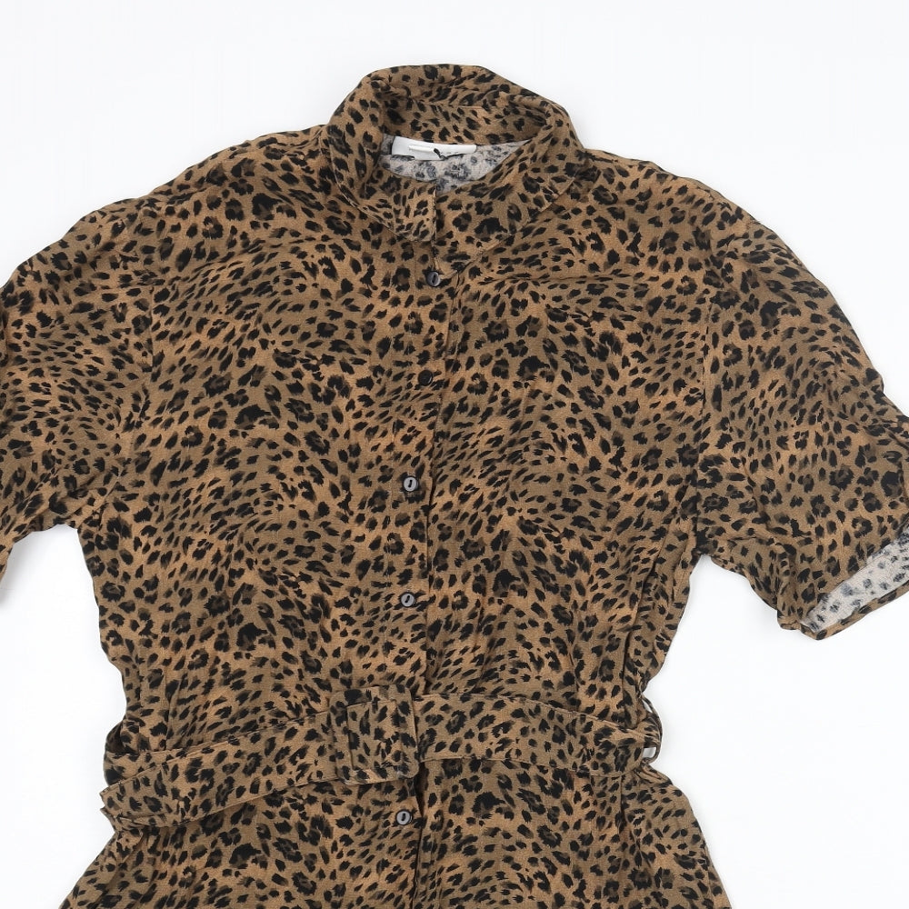 Topshop Womens Brown Animal Print Viscose Shirt Dress Size 4 Collared Button - Belted Leopard Print