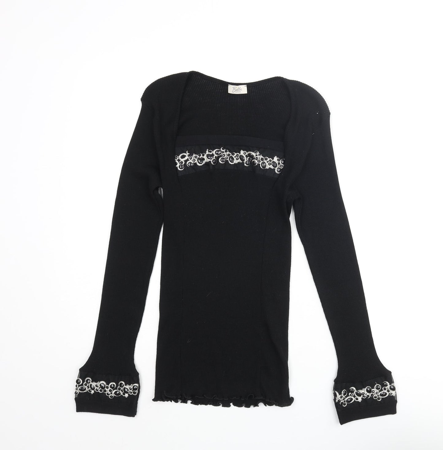 Bella Di Notte Womens Black Square Neck Wool Pullover Jumper Size 16 - Beaded Detail