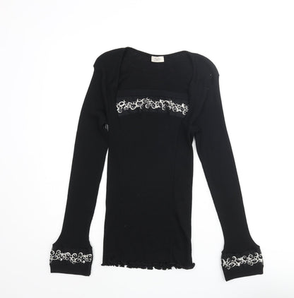 Bella Di Notte Womens Black Square Neck Wool Pullover Jumper Size 16 - Beaded Detail
