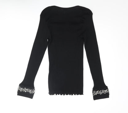 Bella Di Notte Womens Black Square Neck Wool Pullover Jumper Size 16 - Beaded Detail