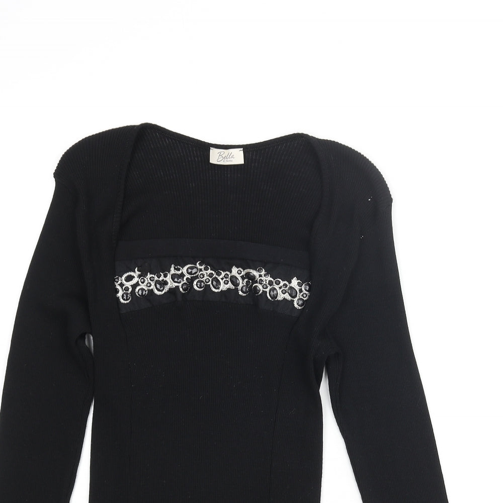 Bella Di Notte Womens Black Square Neck Wool Pullover Jumper Size 16 - Beaded Detail