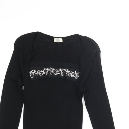 Bella Di Notte Womens Black Square Neck Wool Pullover Jumper Size 16 - Beaded Detail