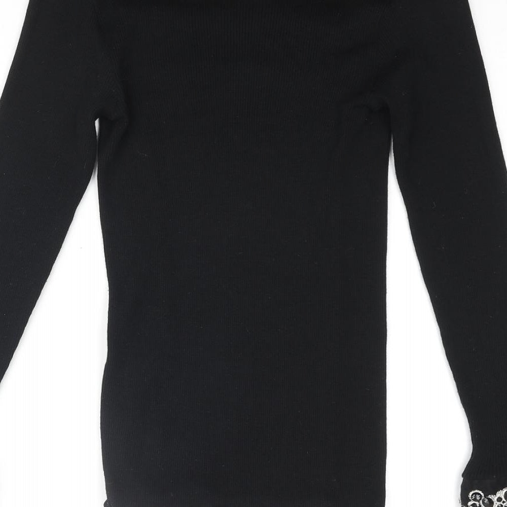 Bella Di Notte Womens Black Square Neck Wool Pullover Jumper Size 16 - Beaded Detail