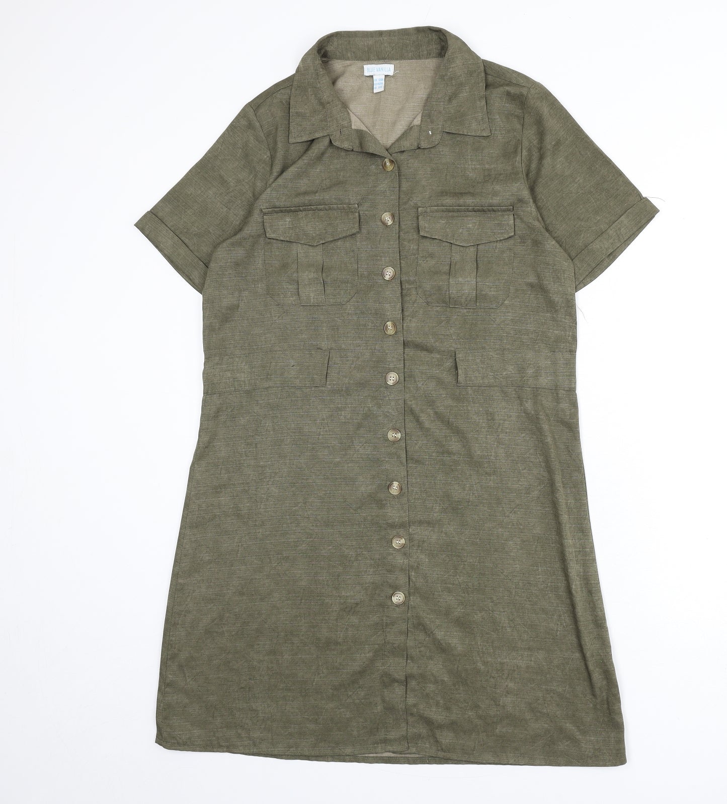 Blue Vanilla Womens Green Polyester A-Line Size 12 Collared Button
