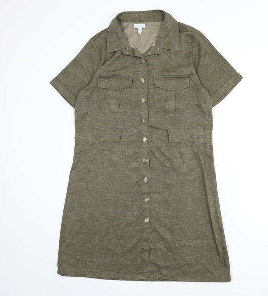 Blue Vanilla Womens Green Polyester A-Line Size 12 Collared Button