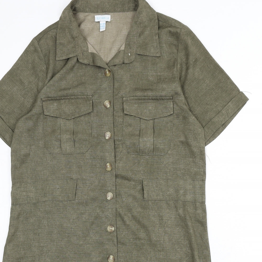 Blue Vanilla Womens Green Polyester A-Line Size 12 Collared Button