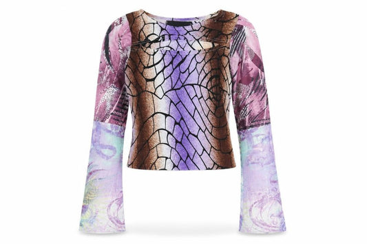 Glass Onion Womens Multicoloured Geometric Polyester Cropped T-Shirt Size 8 Round Neck - Flare Sleeves