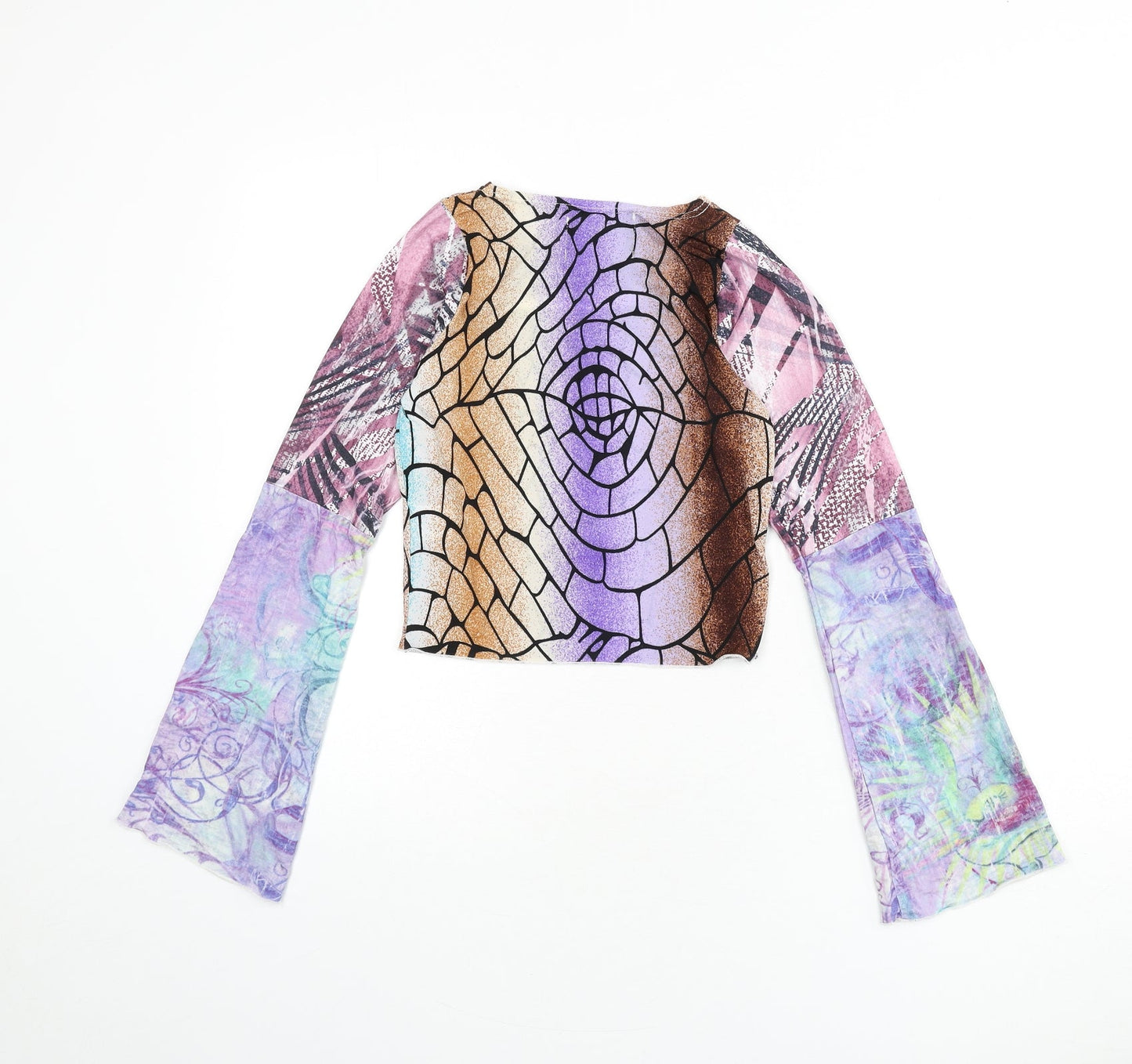 Glass Onion Womens Multicoloured Geometric Polyester Cropped T-Shirt Size 8 Round Neck - Flare Sleeves