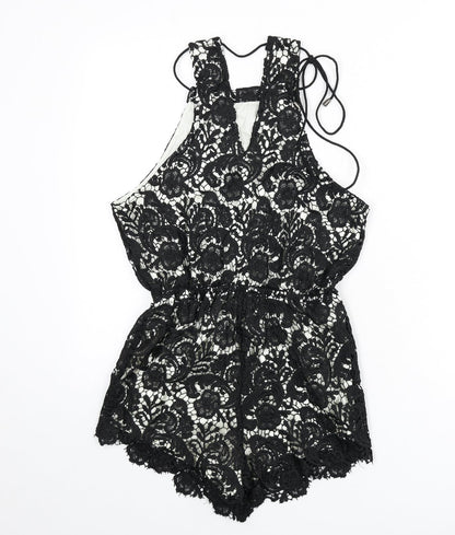 Yoins Womens Black Paisley Polyester Romper One-Piece Size 12 L3 in Tie - Lace Overlay