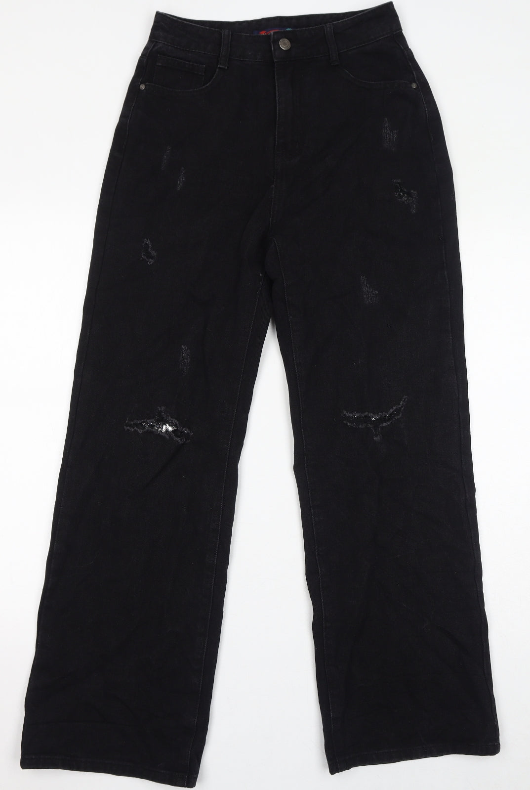 Deseño Moda Womens Black Cotton Straight Jeans Size 30 in L29 in Regular Zip - Sequins