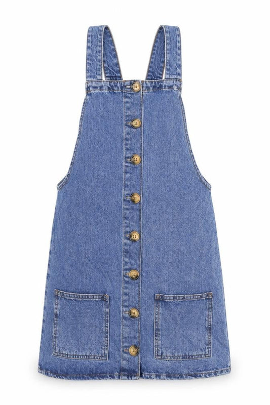 Front view of Denim & Co. women’s blue cotton pinafore/dungaree dress, size UK 8, square neck button - pinafore