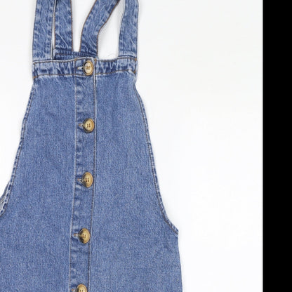 Denim & Co. Womens Blue Cotton Pinafore/Dungaree Dress Size 8 Square Neck Button - Pinafore