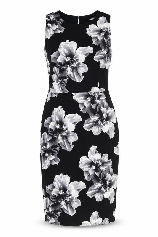 K&D London Womens Black Floral Polyester Pencil Dress Size 10 Round Neck Button