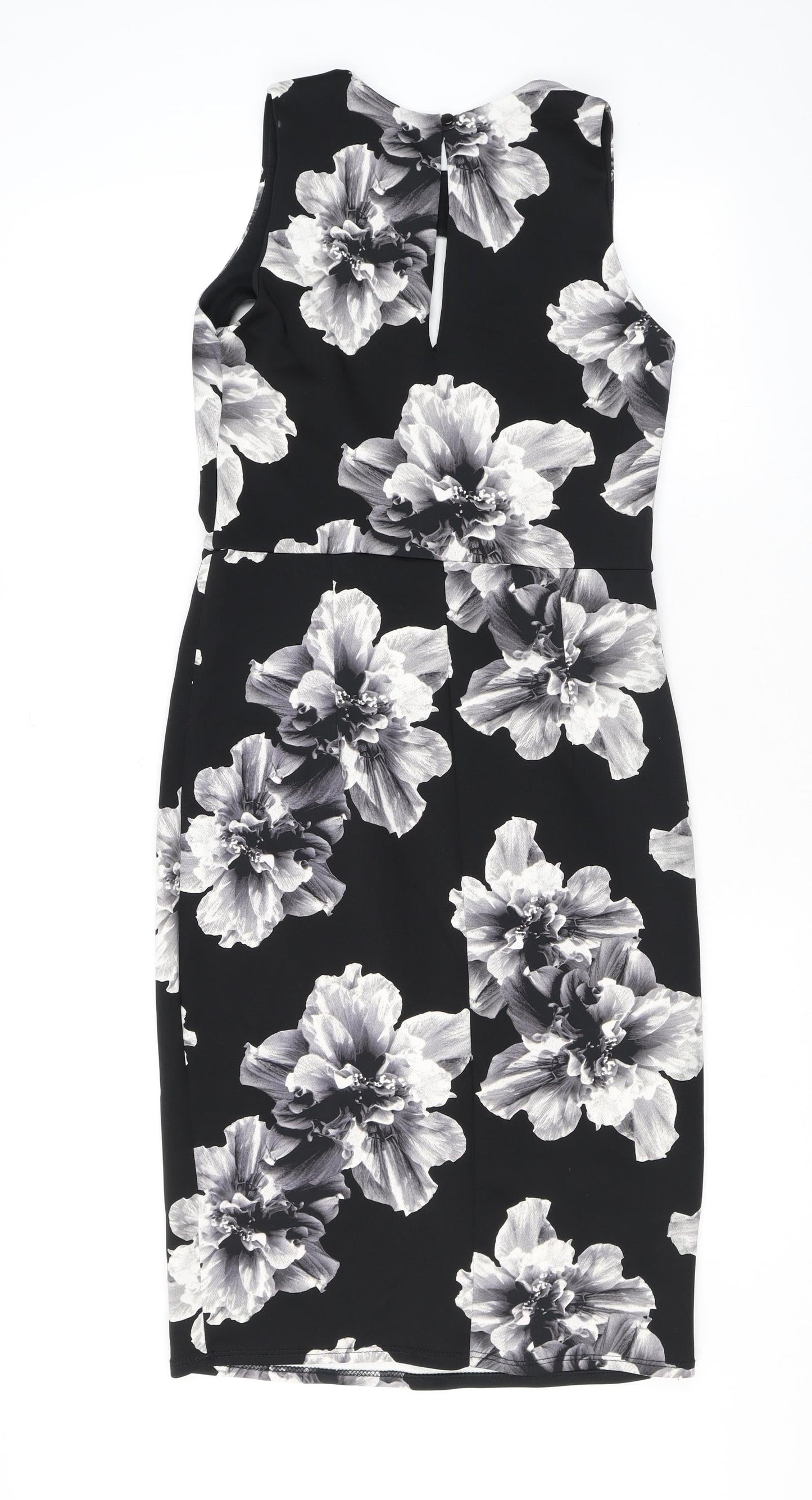 K&D London Womens Black Floral Polyester Pencil Dress Size 10 Round Neck Button